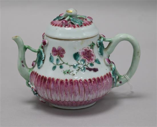 A Chinese famille rose chrysanthemum moulded wine pot and cover, early Qianlong period, height 11cm